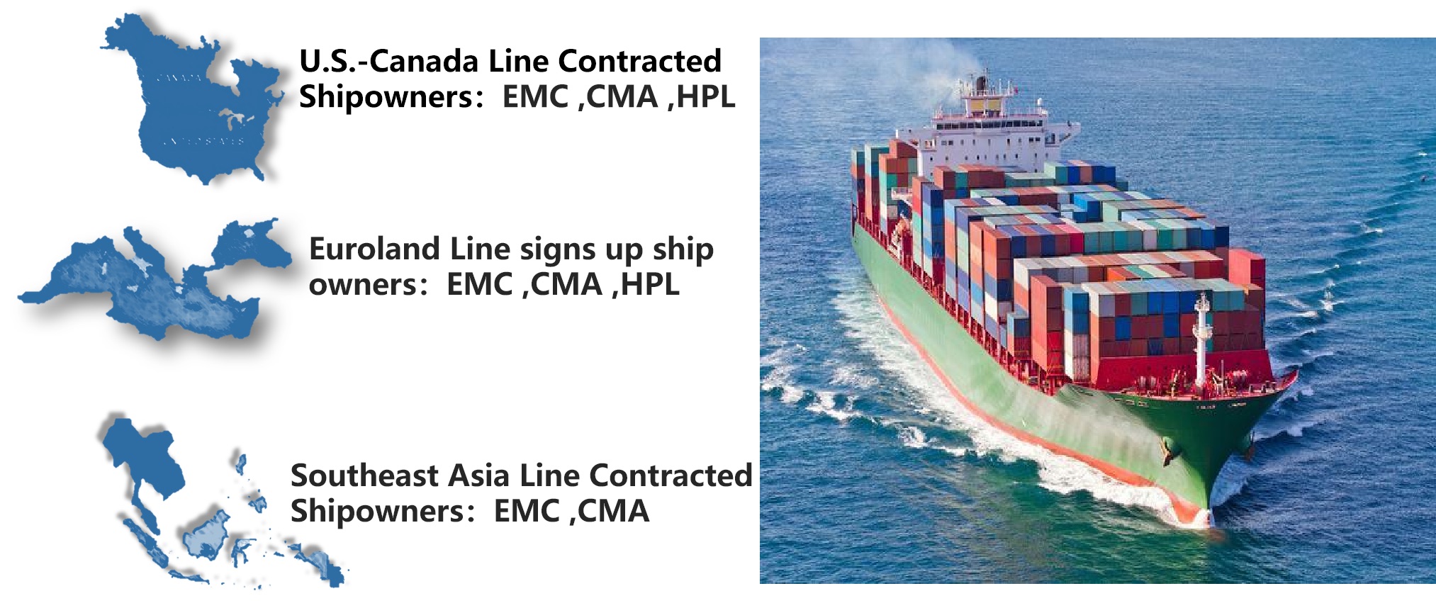 云瑶国际美加线/欧地线/东南亚线签约船东：EMC、CMA、HPL